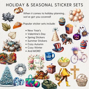 May include: A collection of colorful stickers featuring various holiday and seasonal themes, including New Year's, Valentine's Day, spring, summer, autumn, winter, and more. The stickers feature illustrations of pumpkins, a ghost, a cupcake, a bicycle, a wreath, a Christmas tree, a mug, a gift box, and more.