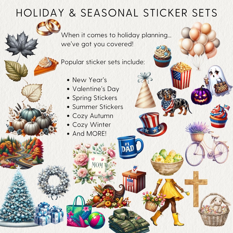 May include: A collection of colorful stickers featuring various holiday and seasonal themes, including New Year's, Valentine's Day, spring, summer, autumn, winter, and more. The stickers feature illustrations of pumpkins, a ghost, a cupcake, a bicycle, a wreath, a Christmas tree, a mug, a gift box, and more.