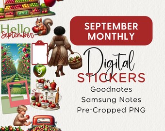Puede incluir: Pegatinas digitales con temática de huerto de manzanas. La imagen incluye un camión rojo lleno de manzanas, una mujer que lleva una cesta de manzanas y el texto "September Monthly Digital Stickers" con opciones para Goodnotes, Samsung Notes y Pre-Cropped PNG.