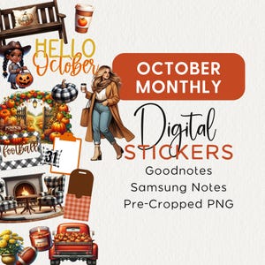 May include: Digital stickers for Goodnotes and Samsung Notes featuring a fall theme with pumpkins, plaid, a fireplace, a truck, and a woman in a brown coat. The text "OCTOBER MONTHLY Digital Stickers" is in a large font on a red background.
