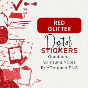 Op de afbeelding: Rode glitter digitale stickers voor Goodnotes en Samsung Notes. Vooraf gecropte PNG-bestanden.
