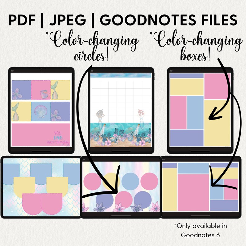 May include: Six digital planner pages for Goodnotes 6 app. The pages feature a mermaid theme with a blue, pink, and yellow color scheme. The pages include color-changing circles and boxes.