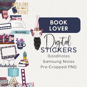 BOOK LOVER Digitale STICKER, Goodnotes Stickerbook, zugeschnittene png, Bücherwurm, Reading, Bookaholic, Digital Planner Clipart, Bücherwurm, iPad