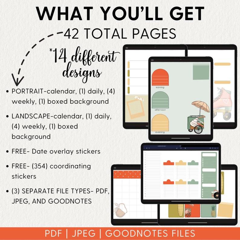 May include: A digital planner with 42 pages and 14 different designs. The planner includes daily and weekly layouts, a boxed background, and date overlay stickers. The planner is available in PDF, JPEG, and Goodnotes file formats.