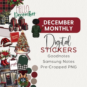 May include: Digital stickers for Goodnotes and Samsung Notes featuring a December theme. The stickers include a Christmas tree, presents, a woman in a plaid shirt, and the text "HELLO December" and "DECEMBER MONTHLY".