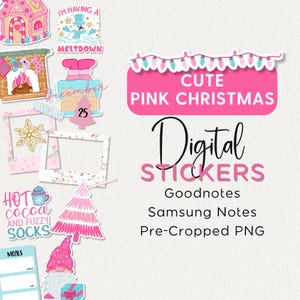 Leuke roze kerst digitale plannerstickers, december, Goodnotes, Android, png, Samsung Notes, seizoensstickers, handgetekend, vakantie