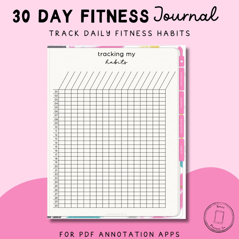 DIGITAL FITNESS JOURNAL, 30 Day Guided Journal for Goodnotes Pdf Annotation Apps, Undated