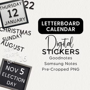 CALENDARIO DE LETRAS, PEGATINAS DIGITALES, BUENAS NOTAS, Samsung Notes, PNG, Planificador Digital, Diario Digital, Álbum de Recortes, Meses, Días, Días Festivos