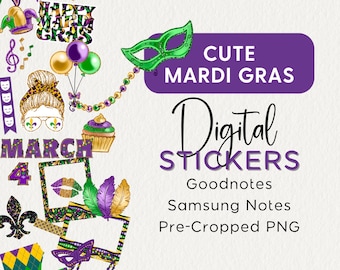 Cute MARDI GRAS Digital  Planner STICKERS, Goodnotes Samsung Notes, png files, Holiday, Digital Journal, Seasonal, Holiday, Planner Clipart