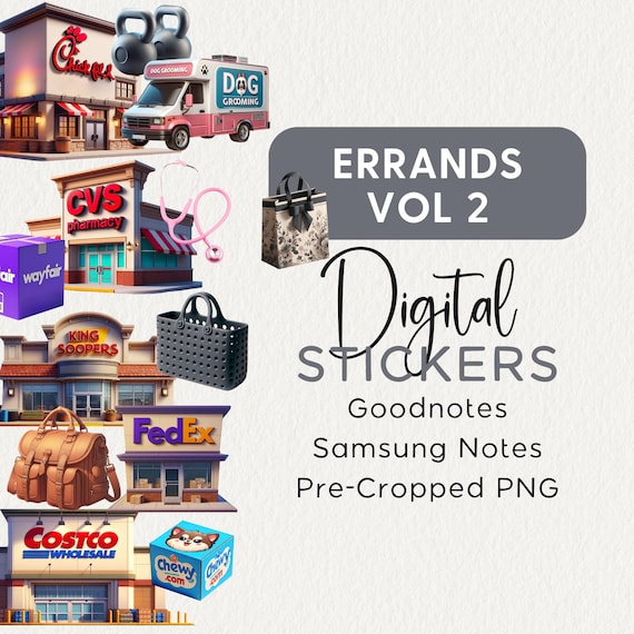 ERRANDS Digital Planner Stickers Vol 2, Goodnotes Noteful Samsung Notes, Everyday Life, Functional, Realistic Digital Planner Clipart, png