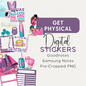 May include: A set of digital stickers for Goodnotes and Samsung Notes featuring a pink and purple color scheme. The stickers include a woman in workout clothes, a dumbbell, a water bottle, a yoga mat, a boxing glove, a motivational quote, and a fitness tracker. The text "GET PHYSICAL" and "Digital Stickers" is also included in the image.