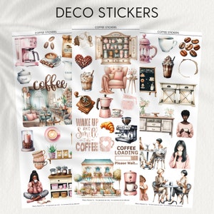 May include: A set of 30 coffee-themed stickers featuring illustrations of coffee cups, coffee makers, coffee beans, and a coffee shop. The stickers are in a watercolor style and have a pink and brown color scheme. The stickers are perfect for adding a touch of whimsy to your planner, journal, or laptop.