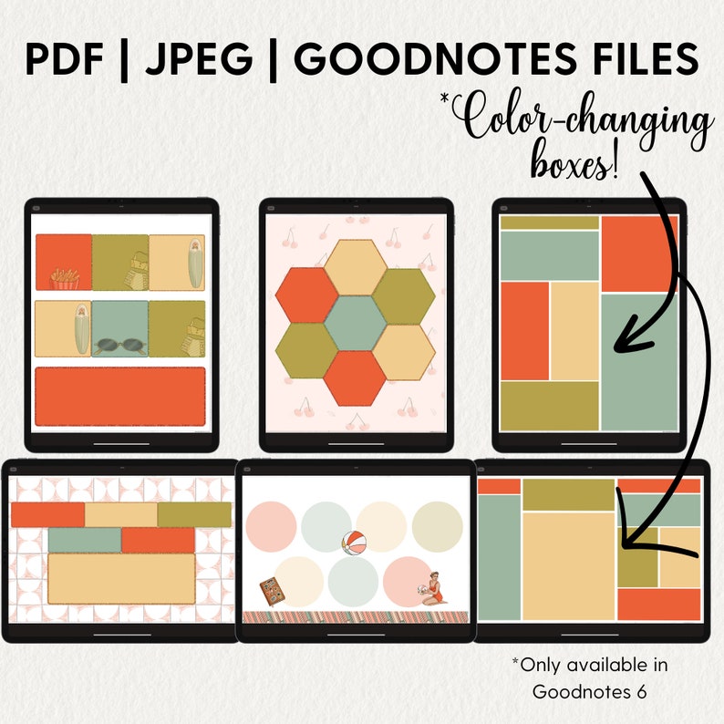 May include: Six digital notepads on a white background. Each notepad has a different design with color-changing boxes. The text "Color-changing boxes!" is written above the notepads. The text "Only available in Goodnotes 6" is written below the notepads.