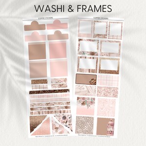 May include: A set of printable coffee stickers featuring a variety of designs in pink, brown, and gold. The stickers include frames, washi tape, and other decorative elements. The text "Coffee Stickers" appears at the top of each sheet.