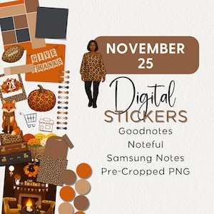 May include: Digital stickers for Goodnotes, Noteful, and Samsung Notes. The image features a woman in a leopard print top, a pumpkin, a fox, and the text "November 25". Includes pre-cropped PNG files.