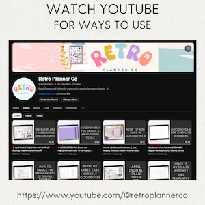 May include: A screenshot of a YouTube channel page for Retro Planner Co. The channel features videos on how to use Goodnotes, a digital note-taking app, for planning and organization. The channel's banner image features a retro-style design with the text "Retro Planner Co." in pink, green, and yellow letters. The channel's description reads "Digital Planners and stickers for women with a passion for creative planning."