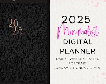 2025 Minimalist Digital Planner, Portrait, Dated, Goodnotes, Penly, iPad, Sunday Monday Start, Colored Tab Stickers, Modern Simple Easy DIY