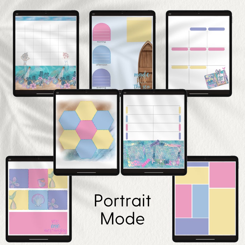 May include: A set of digital planner pages with a mermaid theme. The pages feature a variety of layouts, including a weekly planner, a daily planner, and a note-taking page. The pages are decorated with mermaids, seashells, and other ocean-themed elements. The text "Made for the Sea" is featured on one of the pages.
