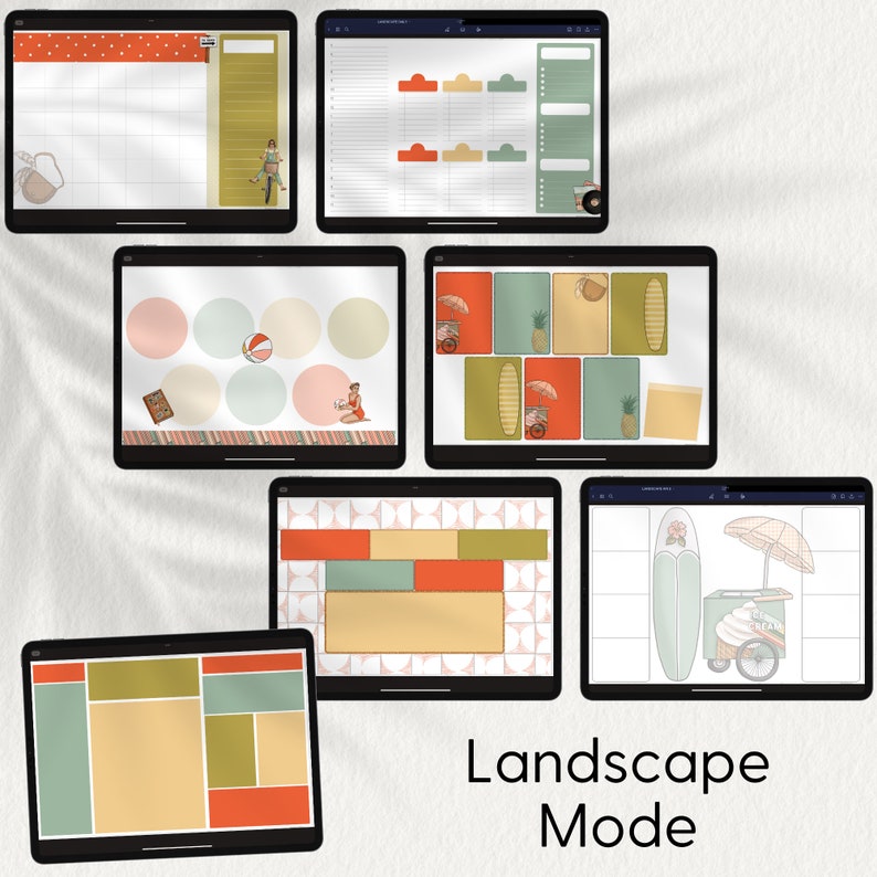 May include: Six different digital planner layouts for an iPad in landscape mode. The layouts feature a variety of colors and patterns, including red, orange, yellow, green, blue, and white. The layouts include a calendar, a to-do list, a notes section, and a section for goals. The layouts are designed to help users stay organized and on track.