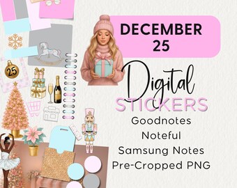 December Digital Planner Stickers Modern Christmas Winter Scrapbook Embellishments Pink 2025
