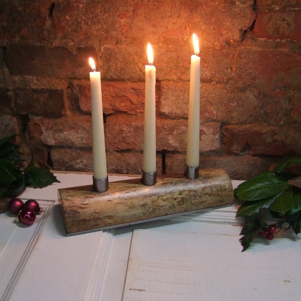Candlestick 3-flame candlestick - Handmade art object - Karelian curly birch & steel #303 "the Log"