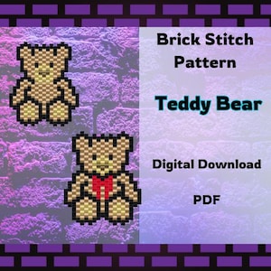 May include: A digital PDF download featuring a brick stitch pattern of a teddy bear. The image shows two pixelated teddy bears, one with a red bow, against a purple brick wall background. Text reads "Brick Stitch Pattern Teddy Bear".