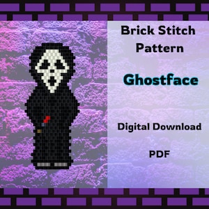 May include: A digital download brick stitch pattern featuring Ghostface from the Scream films. The design is pixelated with black, white, and red beads. The image text reads "Brick Stitch Pattern Ghostface Digital Download PDF."