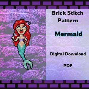 May include: A digital download pattern for a brick stitch mermaid. The pattern is in PDF format and features a cartoon mermaid with red hair, a blue tail, and a purple seashell bra. The text "Brick Stitch Pattern Mermaid" is displayed in the image.