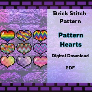 Puede incluir: Un patrón de punto de ladrillo en descarga digital en formato PDF. El patrón presenta nueve diseños de corazón diferentes en varios colores, incluidos patrones de arcoíris, florales y chevron. El texto en la imagen dice "Brick Stitch Pattern, Pattern Hearts, Digital Download, PDF".