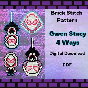 Peut inclure: Quatre motifs différents de point de brique pour un personnage de Gwen Stacy Spider-Gwen. Les motifs sont en noir, blanc, rose et bleu. L'image comprend le texte "Brick Stitch Pattern", "Gwen Stacy 4 Ways", "Digital Download", et "PDF".