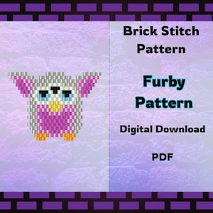 Puede incluir: Una descarga digital en PDF para un patrón de Furby de punto de ladrillo. La imagen presenta un diseño de Furby pixelado en tonos rosa, blanco y gris, con ojos azules y pies naranjas. El texto dice "Brick Stitch Pattern" y "Furby Pattern".