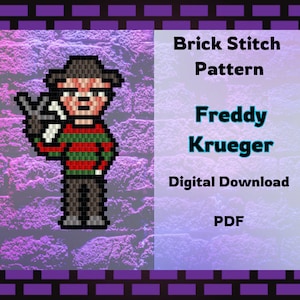 May include: A digital download pattern for a brick stitch beading project featuring Freddy Krueger from the Nightmare on Elm Street movie franchise. The pattern is in PDF format.