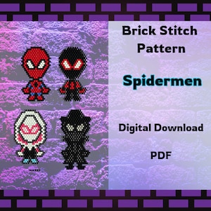 May include: Four different brick stitch patterns for Spider-Man characters. The patterns include Spider-Man, Miles Morales, Spider-Gwen, and a black and white Spider-Man. The patterns are digital downloads in PDF format. Brick Stitch Pattern Spidermen Digital Download PDF