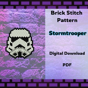 Könnte beinhalten: Ein digitales Download-Muster für eine Stormtrooper-Perlenfigur, die mit der Ziegeltechnik erstellt wird. Das Muster ist im PDF-Format.