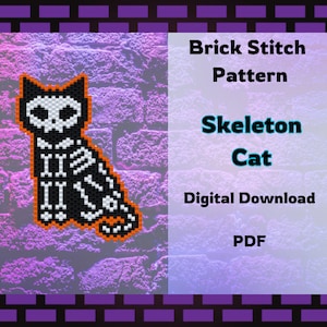 May include: A digital download pattern for a skeleton cat, designed for brick stitch. The pattern is in black, white, and orange on a purple brick background. The text "Brick Stitch Pattern Skeleton Cat Digital Download PDF" is in the image.