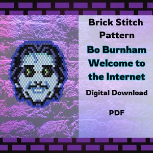 May include: A digital download pattern for a brick stitch beading project featuring a pixelated image of Bo Burnham's face from his "Welcome to the Internet" song. The pattern is available as a PDF.