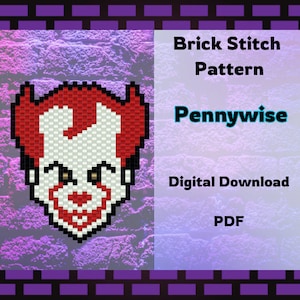 May include: A digital download PDF pattern for a brick stitch beading project featuring Pennywise, the evil clown from the movie IT. The pattern is for a red and white bead design of Pennywise's face.