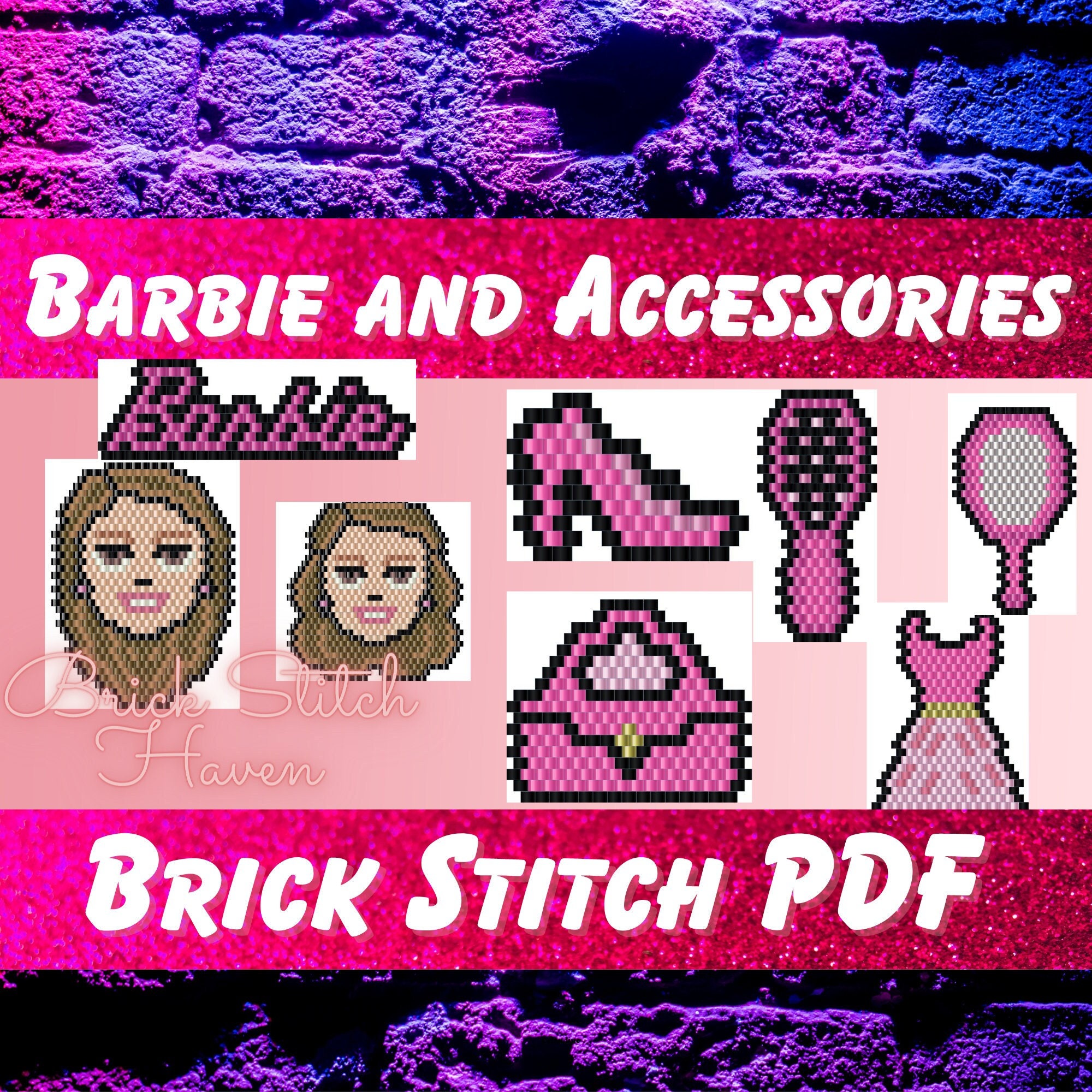 Brown Hair Barbie and Accessories Brick Stitch PDF 