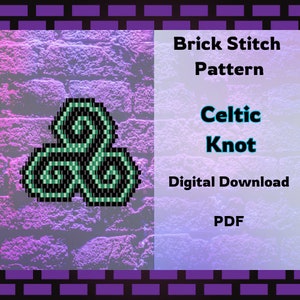 May include: A digital download pattern for a Celtic knot in a brick stitch design. The pattern is green and black and is shown on a purple and pink brick background. The text on the image reads "Brick Stitch Pattern Celtic Knot Digital Download PDF".