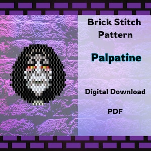 May include: A digital download PDF pattern for a brick stitch beading project featuring a black and white image of Darth Sidious, also known as Emperor Palpatine, from Star Wars. The pattern is for a beading project.