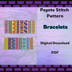 May include: A digital download of peyote stitch bracelet patterns. The image shows 18 different colorful bracelet designs. The text on the image reads "Peyote Stitch Pattern Bracelets Digital Download PDF".