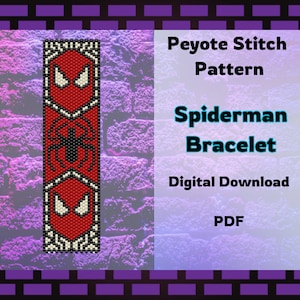 May include: A digital download pattern for a Spiderman bracelet made with peyote stitch beading. The pattern is in PDF format.