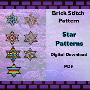 May include: A digital download graphic showing six star patterns in a brick stitch design. The stars are in various colours and patterns, with the text "Brick Stitch Pattern Star Patterns Digital Download PDF". The background is a gradient of purple and grey.