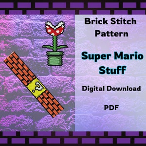 May include: A digital download PDF pattern for a brick stitch Super Mario themed bracelet featuring a question block and a Piranha Plant.  Brick Stitch Pattern Super Mario Stuff Digital Download PDF