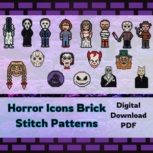 May include: A digital download of 15 horror icon brick stitch patterns. The patterns feature characters like Freddy Krueger, Jason Voorhees, and Pennywise the Dancing Clown.  The patterns are perfect for creating unique and spooky Halloween decorations.