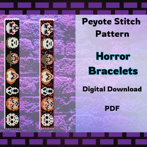 Op de afbeelding: Digitale download van een peyote steekpatroon voor horror-thema armbanden. Het ontwerp toont verschillende horrorfilmkarakters in kralenwerk. De tekst op de afbeelding luidt "Peyote Stitch Pattern, Horror Bracelets, Digital Download, PDF."