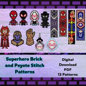 May include: A collection of colorful brick and peyote stitch patterns featuring superhero designs. The image includes various characters and patterns, with text indicating digital PDF downloads of 13 patterns.