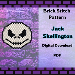May include: A digital download pattern for a brick stitch beading project featuring Jack Skellington from The Nightmare Before Christmas. The pattern is in PDF format.
