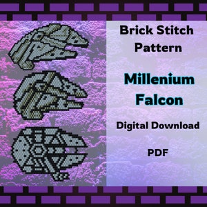 Könnte beinhalten: Drei verschiedene Ziegel-Stich-Muster für den Millennium Falcon, ein Raumschiff aus Star Wars. Die Muster sind in Grau und Weiß und werden auf einem lila Ziegelhintergrund gezeigt. Der Text "Brick Stitch Pattern", "Millennium Falcon", "Digital Download" und "PDF" wird in Weiß auf blauem Hintergrund angezeigt.