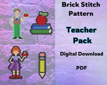May include: A digital download graphic with a brick stitch pattern. The image features pixelated figures of a teacher and student holding apples, a stack of books with an apple, and a pencil. Text reads "Brick Stitch Pattern Teacher Pack Digital Download PDF."